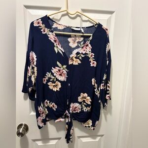 Navy Floral Women's Blouse with Tie-Front